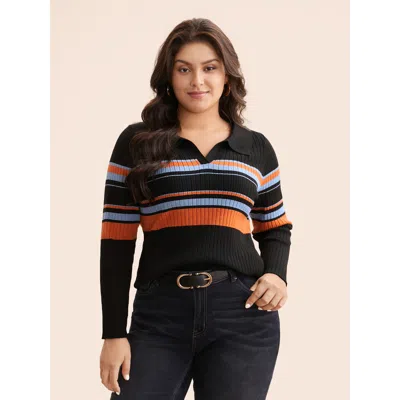 Bloomchic Women's Plus Size Supersoft Essentials Colored Striped Polo Neck Pullover Black Long Sleeve 22-24/3x