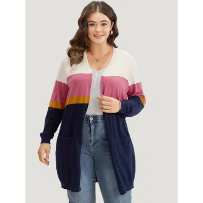 Bloomchic Women's Plus Size Supersoft Essentials Contrast Open Front Tunic Cardigan Multicolor Long Sleeve 12/