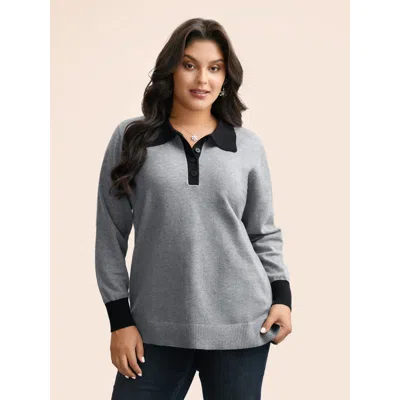Bloomchic Women's Plus Size Supersoft Essentials Contrast Polo Neck Button Up Pullover Mediumgray Long Sleeve 