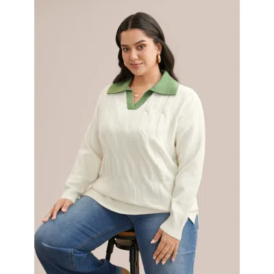Bloomchic Women's Plus Size Supersoft Essentials Contrast Polo Neck Cable Knit Pullover Beige Long Sleeve 22-2 In Sand