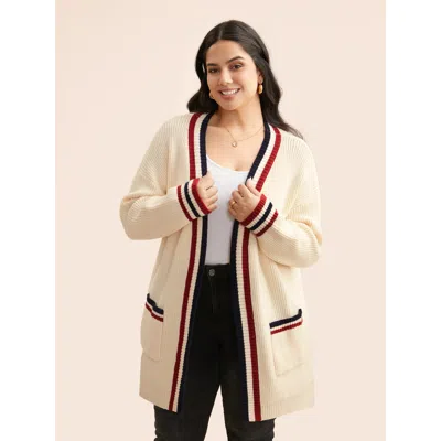 Bloomchic Women's Plus Size Supersoft Essentials Contrast Striped Drop Shoulder Cardigan Beige Long Sleeve 12/ In Sand