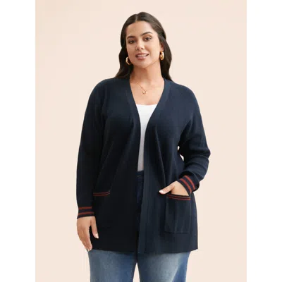 Bloomchic Women's Plus Size Supersoft Essentials Contrast Striped Kimono Collar Cardigan Midnight Long Sleeve  In Blue