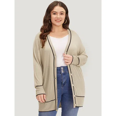 Bloomchic Women's Plus Size Supersoft Essentials Contrast Trim Button Through Elastic Cuffs Cardigan Champagne In Gold