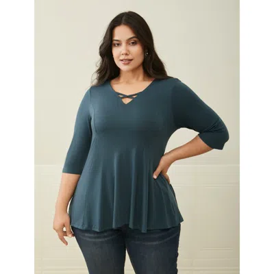 Bloomchic Women's Plus Size Supersoft Essentials Cross Straps Pleated T-shirt Aegean 3/4 Sleeve Elegant V-neck In Blue