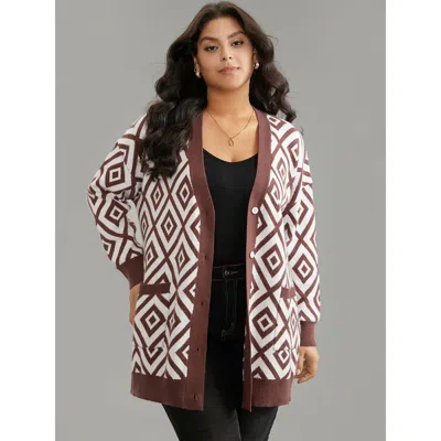 Bloomchic Women's Plus Size Supersoft Essentials Geometric Button Through Cardigan Maroon Long Sleeve 30/6x In Burgundy