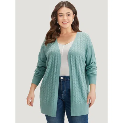 Bloomchic Women's Plus Size Supersoft Essentials Geometric Eyelet Open Front Cardigan Emerald Long Sleeve 10/m In Green
