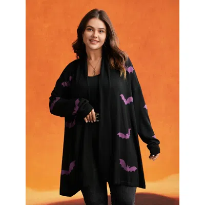 Bloomchic Women's Plus Size Supersoft Essentials Halloween Bat Pattern Lapel Collar Cardigan Black 12/l