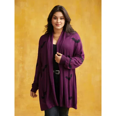 Bloomchic Women's Plus Size Supersoft Essentials Halloween Bat Pattern Lapel Collar Cardigan Eggplant 18-20/2x In Purple