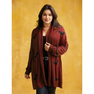 Bloomchic Women's Plus Size Supersoft Essentials Halloween Bat Pattern Lapel Collar Cardigan Rust 10/m In Brown