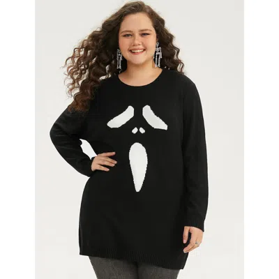 Bloomchic Women's Plus Size Supersoft Essentials Halloween Ghost Face Print Pullover Black Graphic Long Sleeve