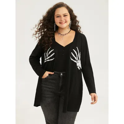 Bloomchic Women's Plus Size Supersoft Essentials Halloween Skull Print Open Front Cardigan Black Long Sleeve 1