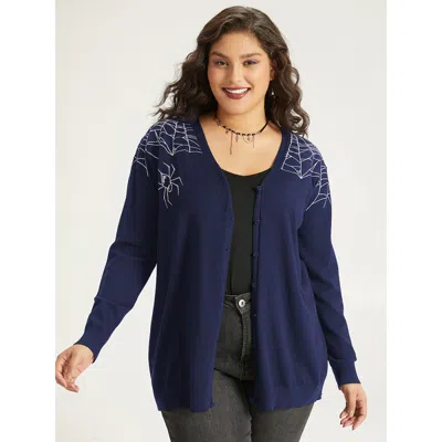 Bloomchic Women's Plus Size Supersoft Essentials Halloween Spider Web Button Through Cardigan Indigo 12/l In Purple