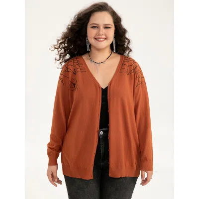 Bloomchic Women's Plus Size Supersoft Essentials Halloween Spider Web Button Through Cardigan Rust 12/l In Brown