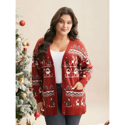 Bloomchic Women's Plus Size Supersoft Essentials Home-for-holidays Button-front Cardigan Brightred Long Sleeve