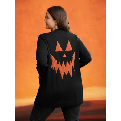 Bloomchic Women's Plus Size Supersoft Essentials Jack-o-lantern Jacquard Back Printed Cardigan Black Long Slee
