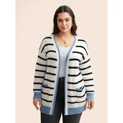 Bloomchic Women's Plus Size Supersoft Essentials Kimono Collar Contrast Striped Cardigan Beige Long Sleeve 12/ In Sand