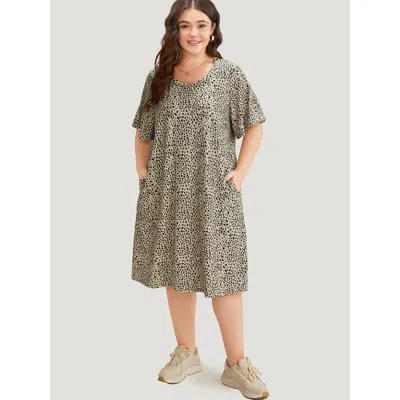 Bloomchic Women's Plus Size Supersoft Essentials Leopard Print Pocket Crew Neck Flutter Sleeve Dress Leopard D In Brown