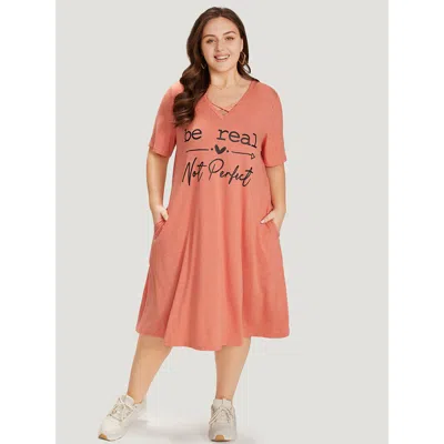 Bloomchic Women's Plus Size Supersoft Essentials Letter Print Pocket Crisscross Neck Dress Coral Dailywear Pla In Orange