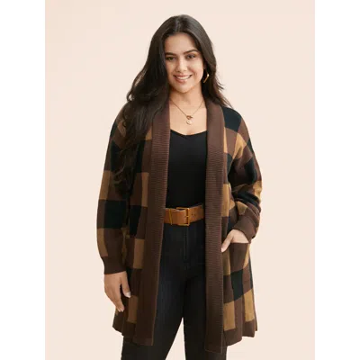 Bloomchic Women's Plus Size Supersoft Essentials Plaid Kimono Collar Cardigan Browncoffeecolor Long Sleeve 18-