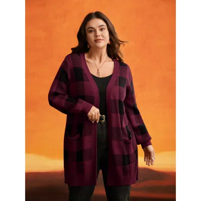 Bloomchic Women's Plus Size Supersoft Essentials Plaid Open Cardigan Burgundy Long Sleeve 10/m