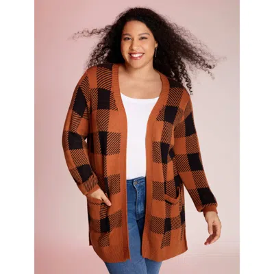 Bloomchic Women's Plus Size Supersoft Essentials Plaid Open Cardigan Rust Long Sleeve 26/4x In Brown