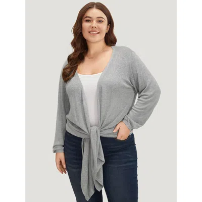 Bloomchic Women's Plus Size Supersoft Essentials Plain Bowknot Front Supersoft Cardigan Gray Long Sleeve 14-16