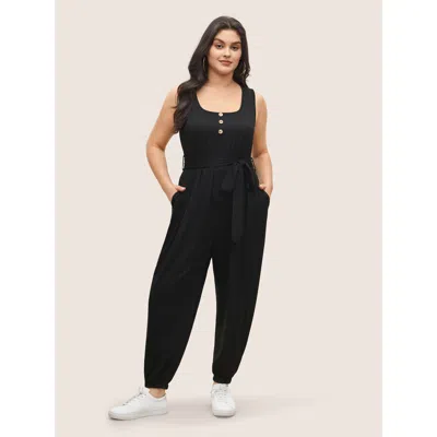 Bloomchic Women's Plus Size Supersoft Essentials Plain Button Detail Belted Jumpsuit Black Casual 30/6x
