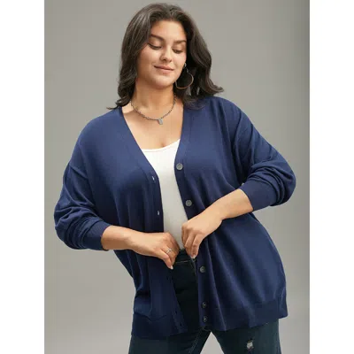 Bloomchic Women's Plus Size Supersoft Essentials Plain Button Up Elastic Cuffs Cardigan Indigo Long Sleeve 10/ In Purple