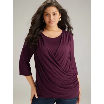 Bloomchic Women's Plus Size Supersoft Essentials Plain Crossover T-shirt Eggplant 3/4 Sleeve Dailywear Round N In Purple