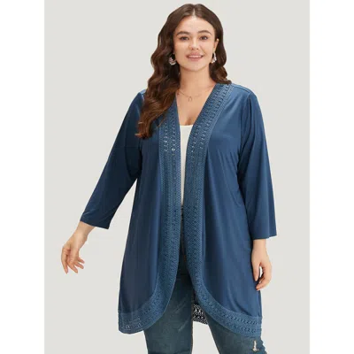 Bloomchic Women's Plus Size Supersoft Essentials Plain Lace Patchwork Open Front Kimono Darkblue Plain 10/m In Blue