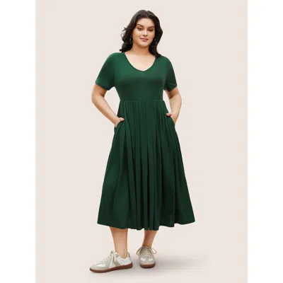 Bloomchic Women's Plus Size Supersoft Essentials Plain Pleated Dress Green Solid Midi Everyday Smocked 10/m