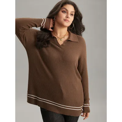 Bloomchic Women's Plus Size Supersoft Essentials Polo Striped Contrast Pullover Maroon Plain Long Sleeve 14-16 In Burgundy