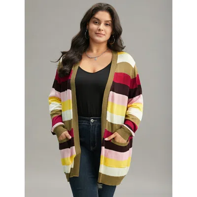 Bloomchic Women's Plus Size Supersoft Essentials Rainbow Striped Patched Pocket Open Front Cardigan Multicolor