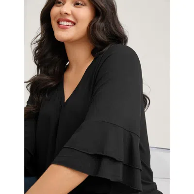 Bloomchic Women's Plus Size Supersoft Essentials Ruffle Layered Sleeve Pleated T-shirt Black 3/4 Sleeve Casual