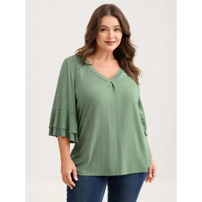 Bloomchic Women's Plus Size Supersoft Essentials Ruffle Layered Sleeve Pleated T-shirt Mint 3/4 Sleeve Casual  In Green