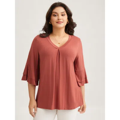 Bloomchic Women's Plus Size Supersoft Essentials Ruffle Layered Sleeve Pleated T-shirt Russet 3/4 Sleeve Casua In Brown
