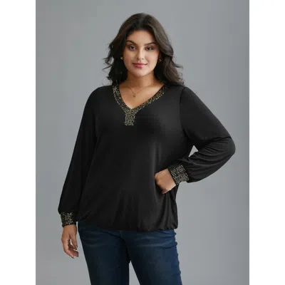 Bloomchic Women's Plus Size Supersoft Essentials Sequin V-neck T-shirt Black Non Everyday Extra Long Sleeve 10