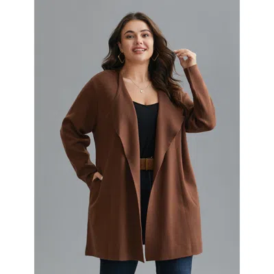 Bloomchic Women's Plus Size Supersoft Essentials Side Pocket Collared Knit Cardigan Browncoffeecolor Long Slee