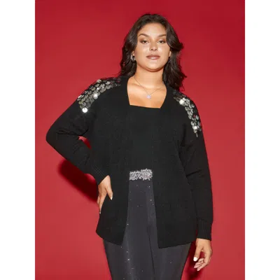 Bloomchic Women's Plus Size Supersoft Essentials Silver Sequins Shoulder Open Cardigan Black Long Sleeve 12/l
