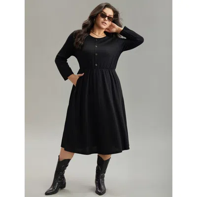 Bloomchic Women's Plus Size Supersoft Essentials Solid Button Detail Dress Black Dailywear Plain 10/m