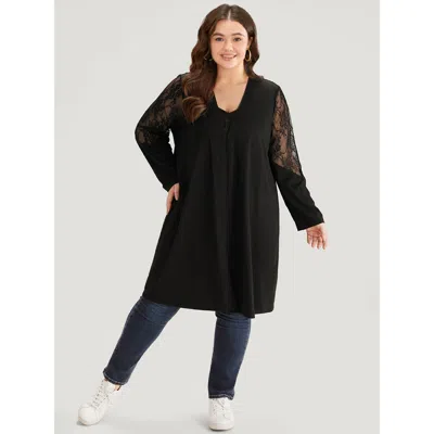 Bloomchic Women's Plus Size Supersoft Essentials Solid Crochet Lace Mesh Drape Open Front Coat Black Drape 10/