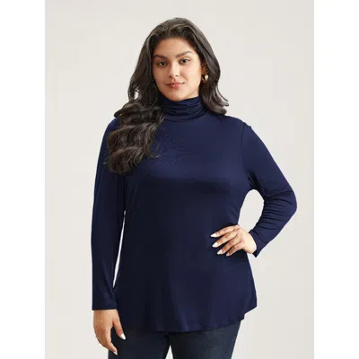 Bloomchic Women's Plus Size Supersoft Essentials Solid Funnel Neck Knit T-shirt Darkblue Solid Casual Long Sle In Blue