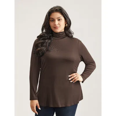 Bloomchic Women's Plus Size Supersoft Essentials Solid Funnel Neck Knit T-shirt Darkbrown Solid Casual Long Sl In Brown