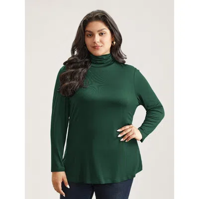 Bloomchic Women's Plus Size Supersoft Essentials Solid Funnel Neck Knit T-shirt Darkgreen Solid Casual Long Sl In Green