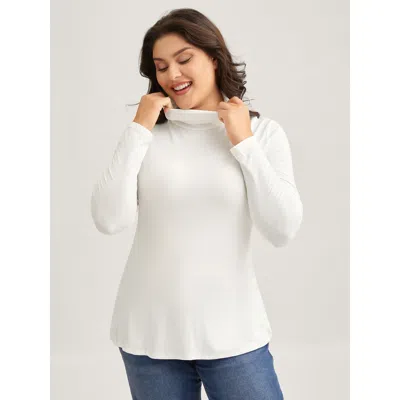Bloomchic Women's Plus Size Supersoft Essentials Solid Funnel Neck Knit T-shirt White Solid Casual Long Sleeve