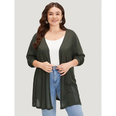 Bloomchic Women's Plus Size Supersoft Essentials Solid Open Front Geo Eyelet Cardigan Armygreen Long Sleeve 12