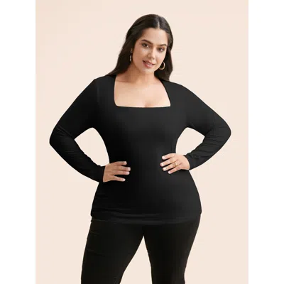 Bloomchic Women's Plus Size Supersoft Essentials Solid Square Neck T-shirt Black Non Casual Long Sleeve 10/m