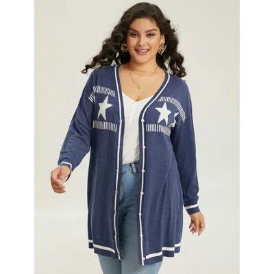 Bloomchic Women's Plus Size Supersoft Essentials Star Contrast Trim Button Through Cardigan Aegean Long Sleeve In Blue