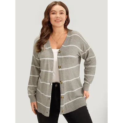 Bloomchic Women's Plus Size Supersoft Essentials Striped Button Through Elastic Cuffs Cardigan Darkgray Long S In Gray
