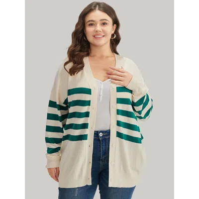 Bloomchic Women's Plus Size Supersoft Essentials Striped Contrast Button Up Cardigan Beige Long Sleeve 10/m In Sand